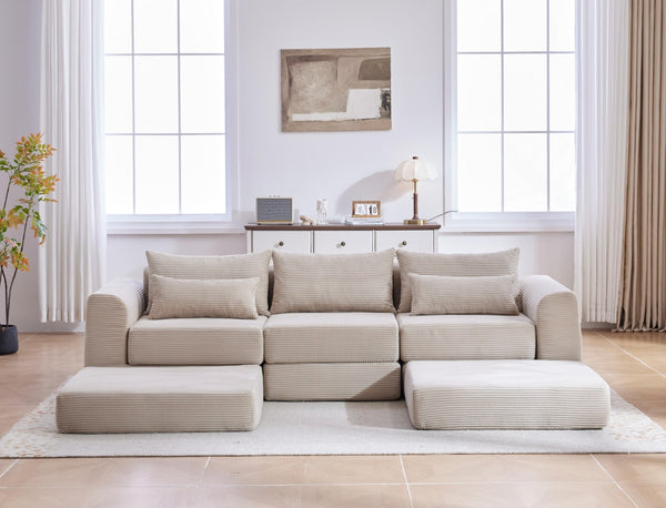 English Elm Upholstered Modular Floor Sectional Corduroy L Shaped Sofa with Five Accent Pillows Camel W3975S00041