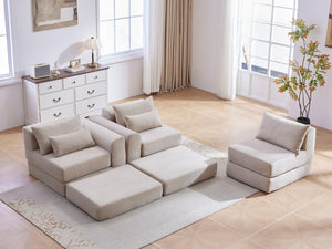 English Elm Upholstered Modular Floor Sectional Corduroy L Shaped Sofa with Five Accent Pillows Camel W3975S00041