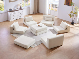English Elm Upholstered Modular Floor Sectional Corduroy L Shaped Sofa with Five Accent Pillows White W3975S00042