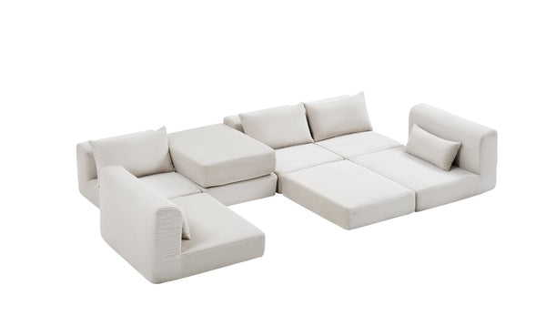 English Elm Upholstered Modular Floor Sectional Corduroy L Shaped Sofa with Five Accent Pillows White W3975S00042