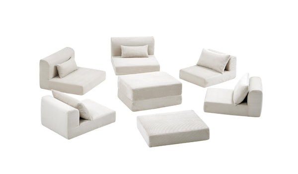 English Elm Upholstered Modular Floor Sectional Corduroy L Shaped Sofa with Five Accent Pillows White W3975S00042
