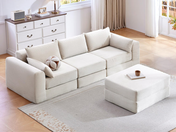 English Elm Upholstered Modular Floor Sectional Corduroy L Shaped Sofa with Five Accent Pillows White W3975S00042