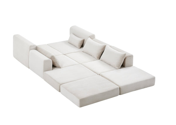English Elm Upholstered Modular Floor Sectional Corduroy L Shaped Sofa with Five Accent Pillows White W3975S00042