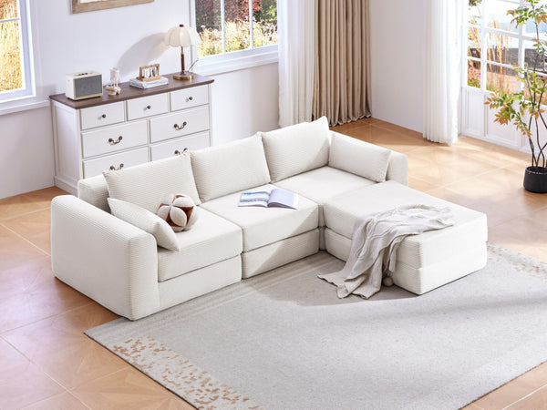 English Elm Upholstered Modular Floor Sectional Corduroy L Shaped Sofa with Five Accent Pillows White W3975S00042