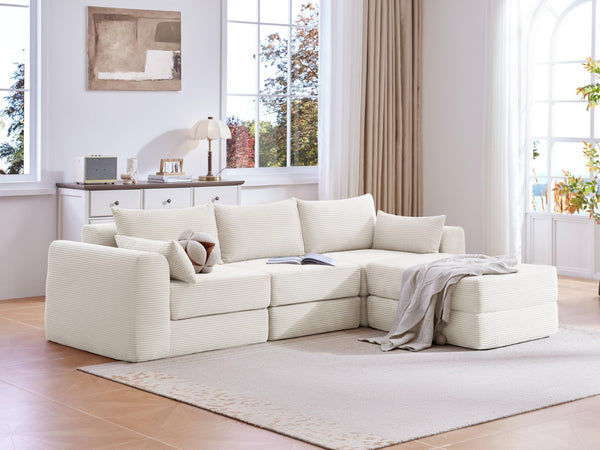 English Elm Upholstered Modular Floor Sectional Corduroy L Shaped Sofa with Five Accent Pillows White W3975S00042