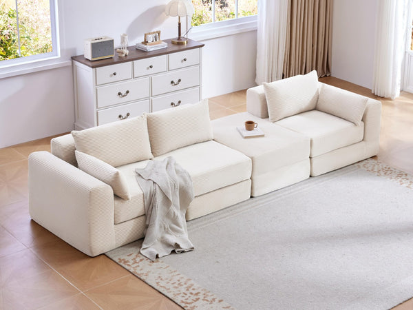 English Elm Upholstered Modular Floor Sectional Corduroy L Shaped Sofa with Five Accent Pillows White W3975S00042