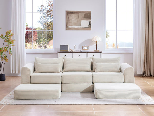 English Elm Upholstered Modular Floor Sectional Corduroy L Shaped Sofa with Five Accent Pillows White W3975S00042