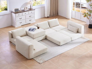 English Elm Upholstered Modular Floor Sectional Corduroy L Shaped Sofa with Five Accent Pillows White W3975S00042