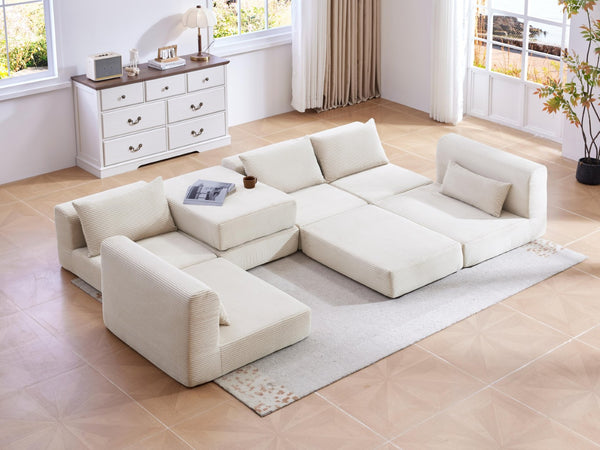 English Elm Upholstered Modular Floor Sectional Corduroy L Shaped Sofa with Five Accent Pillows White W3975S00042