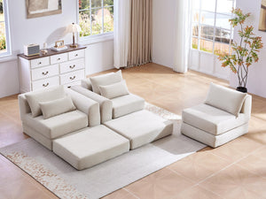 English Elm Upholstered Modular Floor Sectional Corduroy L Shaped Sofa with Five Accent Pillows White W3975S00042