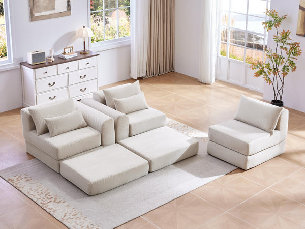 English Elm Upholstered Modular Floor Sectional Corduroy L Shaped Sofa with Five Accent Pillows White W3975S00042