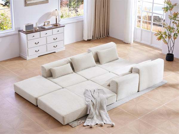 English Elm Upholstered Modular Floor Sectional Corduroy L Shaped Sofa with Five Accent Pillows White W3975S00042