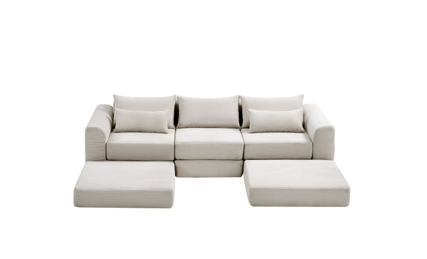 English Elm Upholstered Modular Floor Sectional Corduroy L Shaped Sofa with Five Accent Pillows White W3975S00042