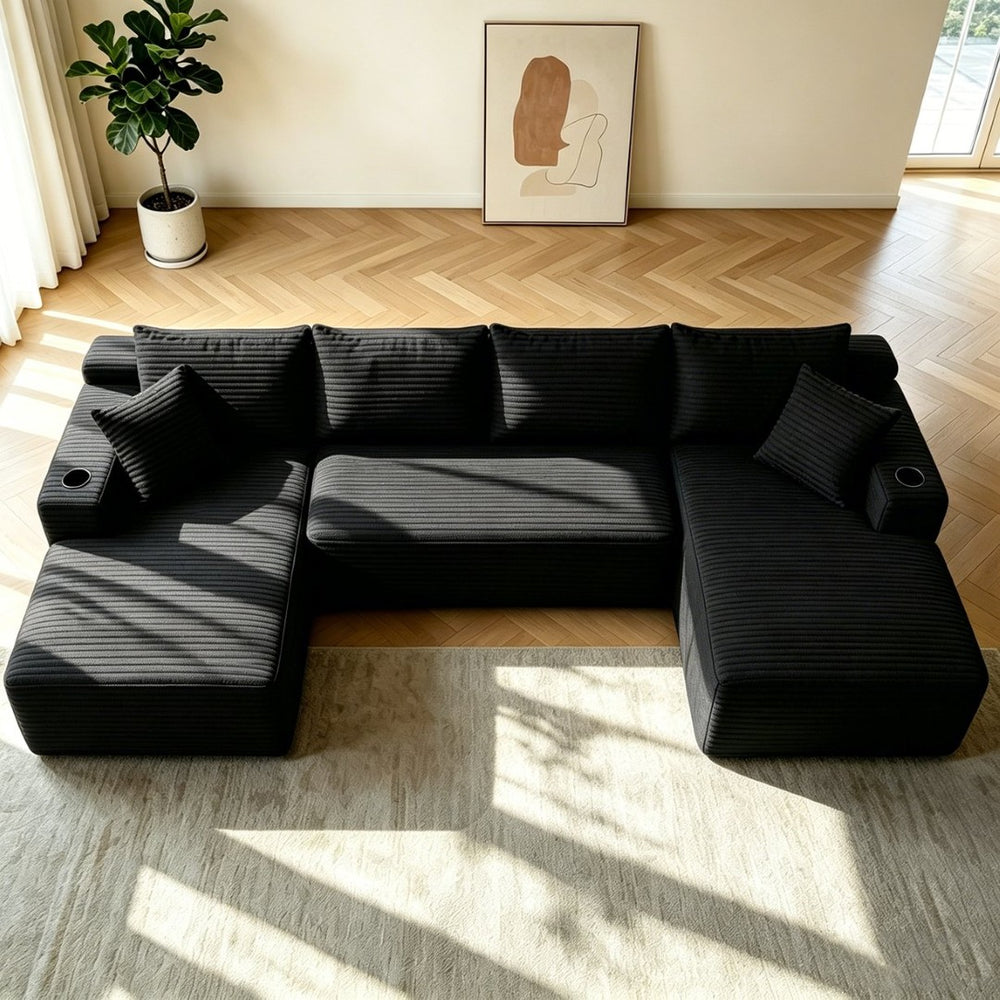 English Elm 134" Cloud Modular Sectional Plush Corduroy U-shape Deep Lounge Sofa for Living Room W3975S00049