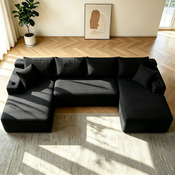 English Elm 134" Cloud Modular Sectional Plush Corduroy U-shape Deep Lounge Sofa for Living Room W3975S00049