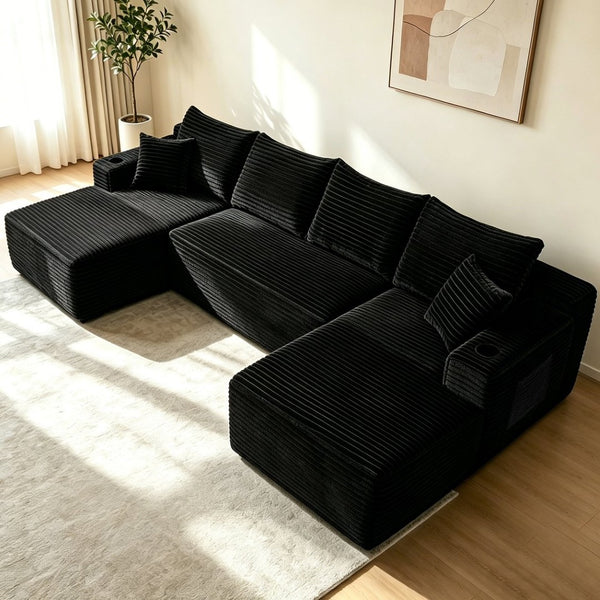 English Elm 134" Cloud Modular Sectional Plush Corduroy U-shape Deep Lounge Sofa for Living Room W3975S00049