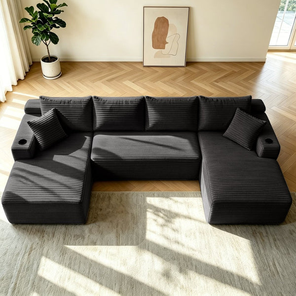English Elm 134" Cloud Modular Sectional Plush Corduroy U-shape Deep Lounge Sofa for Living Room Grey W3975S00050