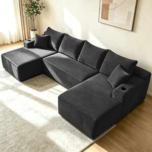 English Elm 134" Cloud Modular Sectional Plush Corduroy U-shape Deep Lounge Sofa for Living Room Grey W3975S00050