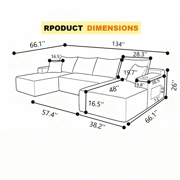 English Elm 134" Cloud Modular Sectional Plush Corduroy U-shape Deep Lounge Sofa for Living Room Beige W3975S00051