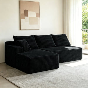 English Elm 96" Cloud Sectional Sofa Plush Corduroy Upholstery L-chaise No Assembly Living Room Black W3975S00072