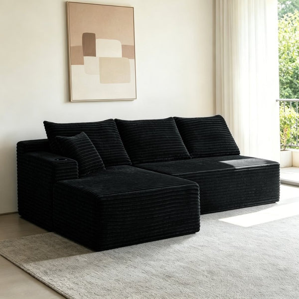 English Elm 96" Cloud Sectional Sofa Plush Corduroy Upholstery L-chaise No Assembly Living Room Black W3975S00072