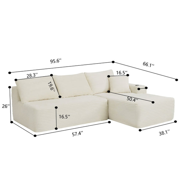 English Elm 96" Cloud Sectional Sofa Plush Corduroy L-shaped Chaise No Assembly Living Room W3975S00073