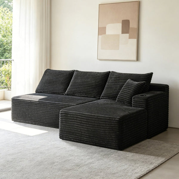 English Elm 96" Cloud Sectional Sofa Plush Corduroy Upholstery L-chaise No Assembly Living Room Grey W3975S00075