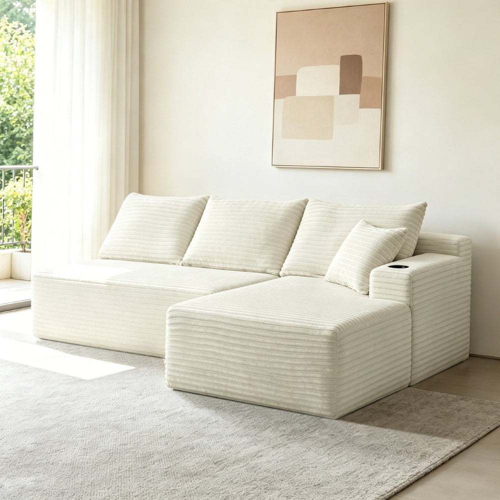 English Elm 96" Cloud Sectional Sofa Plush Corduroy Upholstery L-chaise No Assembly Living Room Beige - B W3975S00077