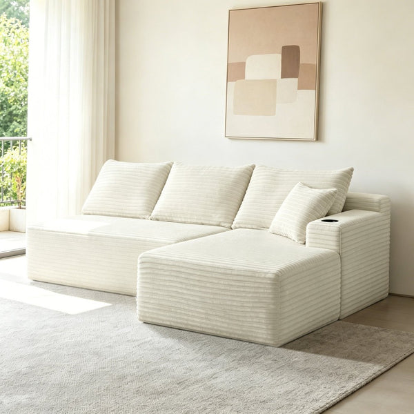 English Elm 96" Cloud Sectional Sofa Plush Corduroy Upholstery L-chaise No Assembly Living Room Beige - B W3975S00077