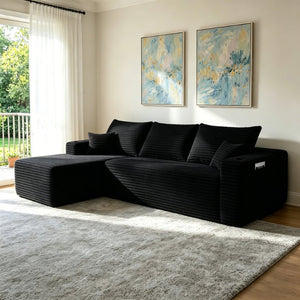 English Elm 108" Cloud Modular Sectional Corduroy Couch Deep Lounge Seating with Built-in Pockets Black Left W3975S00084