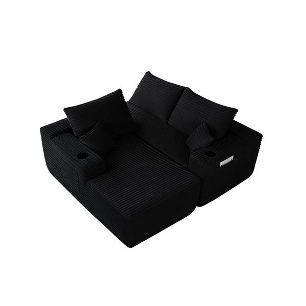 English Elm 108" Cloud Modular Sectional Corduroy Couch Deep Lounge Seating with Built-in Pockets Black Left W3975S00084
