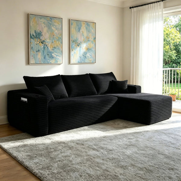 English Elm 108" Cloud Modular Sectional Corduroy Couch Deep Lounge Seating with Built-in Pockets Black Right W3975S00085