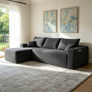 English Elm 108" Cloud Modular Sectional Corduroy Couch Deep Lounge Seating with Built-in Pockets Grey Left W3975S00086