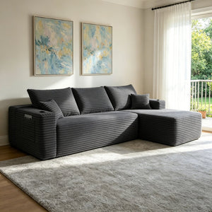 English Elm 108" Cloud Modular Sectional Corduroy Couch Deep Lounge Seating with Built-in Pockets Grey Right W3975S00087