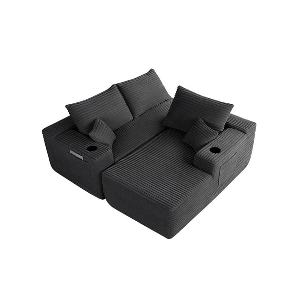 English Elm 108" Cloud Modular Sectional Corduroy Couch Deep Lounge Seating with Built-in Pockets Grey Right W3975S00087