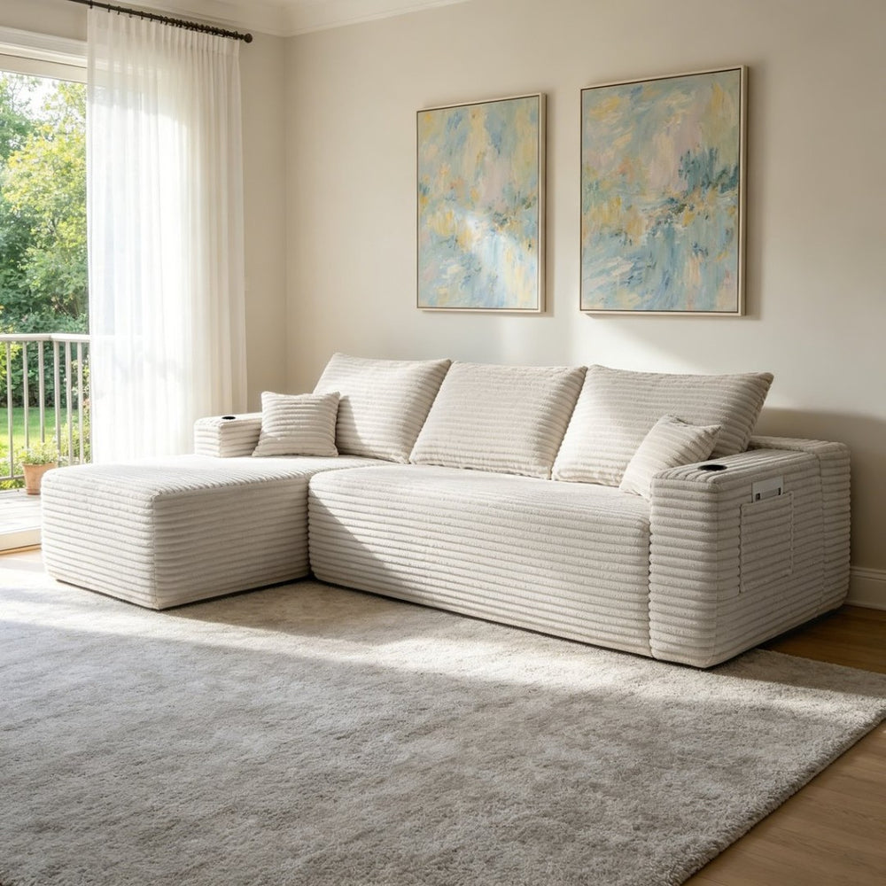 English Elm 108" Cloud Modular Sectional Corduroy Couch Deep Lounge Seating with Built-in Pockets White Left W3975S00088