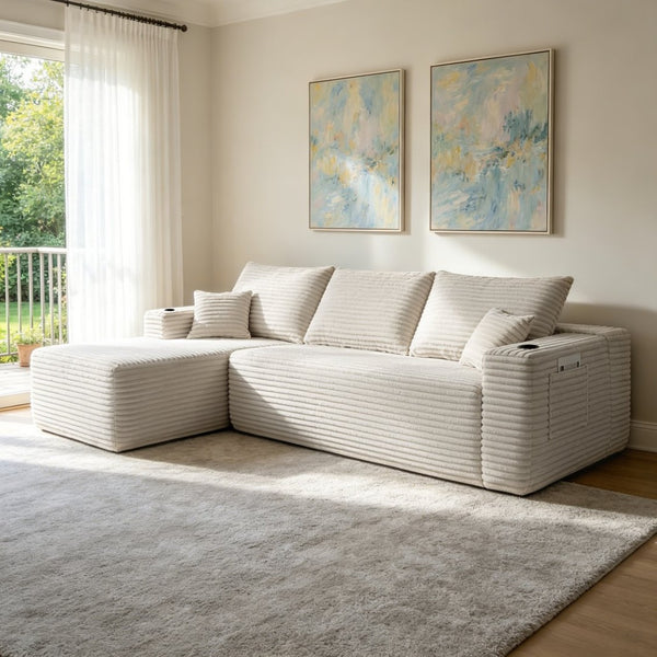 English Elm 108" Cloud Modular Sectional Corduroy Couch Deep Lounge Seating with Built-in Pockets White Left W3975S00088