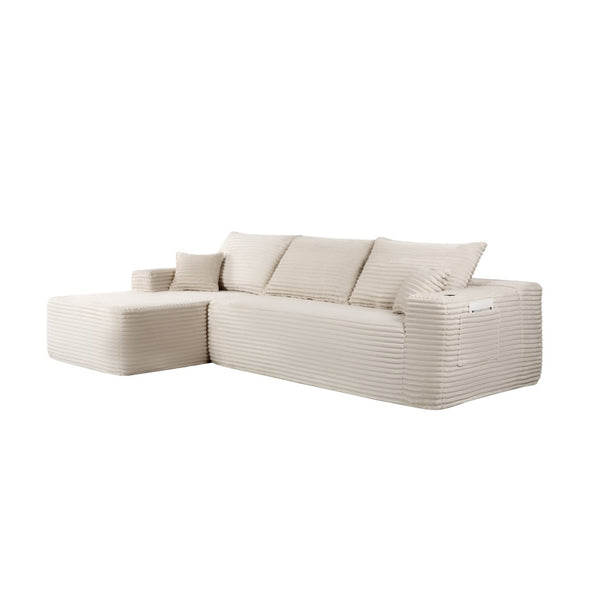 English Elm 108" Cloud Modular Sectional Corduroy Couch Deep Lounge Seating with Built-in Pockets White Left W3975S00088