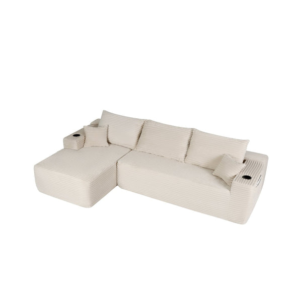 English Elm 108" Cloud Modular Sectional Corduroy Couch Deep Lounge Seating with Built-in Pockets White Left W3975S00088