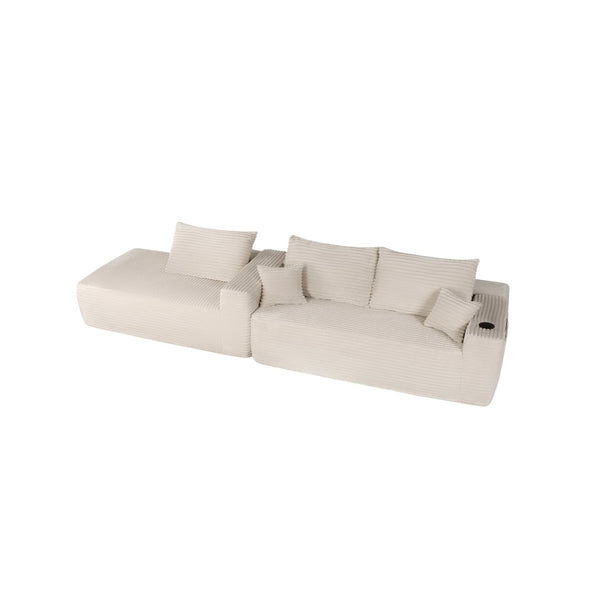 English Elm 108" Cloud Modular Sectional Corduroy Couch Deep Lounge Seating with Built-in Pockets White Left W3975S00088