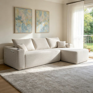 English Elm 108" Cloud Modular Sectional Corduroy Couch Deep Lounge Seating with Built-in Pockets White Right W3975S00089