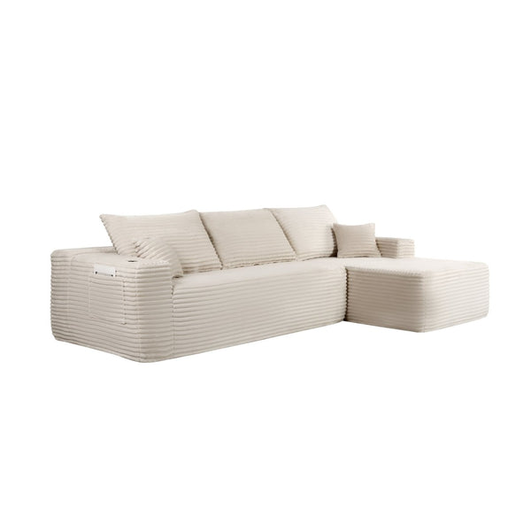 English Elm 108" Cloud Modular Sectional Corduroy Couch Deep Lounge Seating with Built-in Pockets White Right W3975S00089