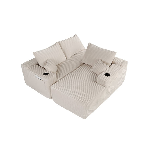 English Elm 108" Cloud Modular Sectional Corduroy Couch Deep Lounge Seating with Built-in Pockets White Right W3975S00089