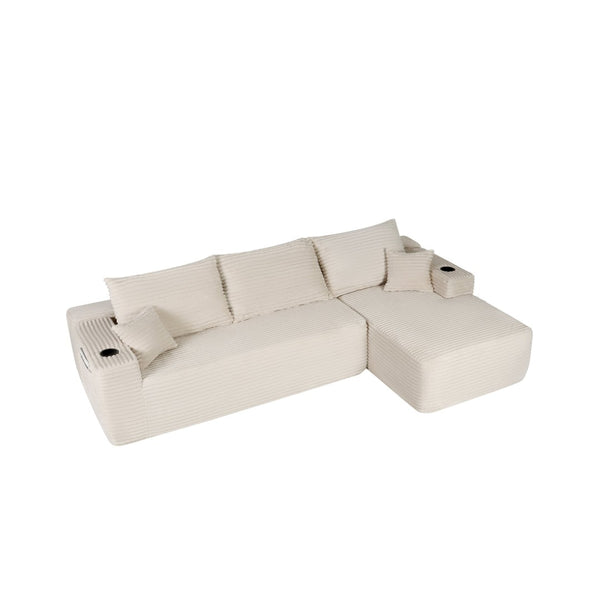 English Elm 108" Cloud Modular Sectional Corduroy Couch Deep Lounge Seating with Built-in Pockets White Right W3975S00089