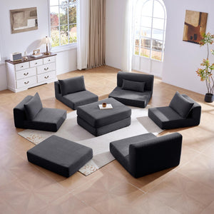 English Elm Upholstered Modular Floor Sectional Corduroy Sofa with Five Pillows for Living Rooms Grey W3975S00090