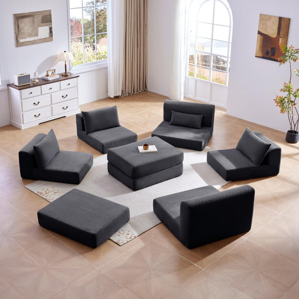 English Elm Upholstered Modular Floor Sectional Corduroy Sofa with Five Pillows for Living Rooms Grey W3975S00090