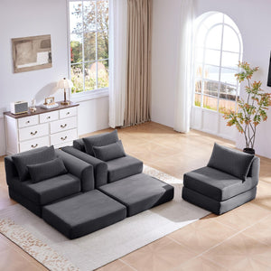 English Elm Upholstered Modular Floor Sectional Corduroy Sofa with Five Pillows for Living Rooms Grey W3975S00090
