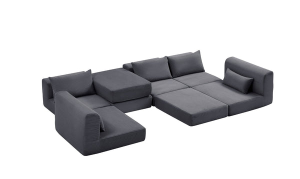 English Elm Upholstered Modular Floor Sectional Corduroy Sofa with Five Pillows for Living Rooms Grey W3975S00090