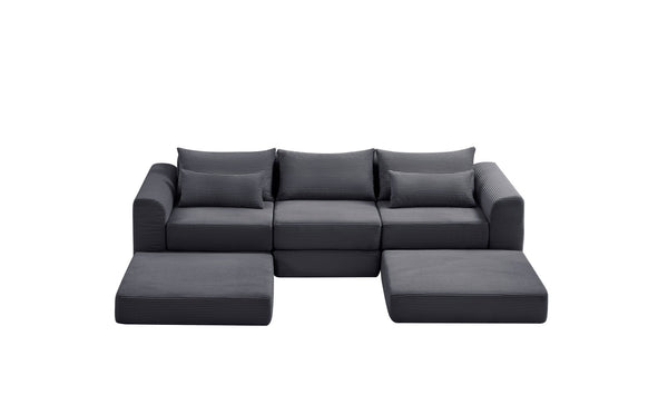 English Elm Upholstered Modular Floor Sectional Corduroy Sofa with Five Pillows for Living Rooms Grey W3975S00090