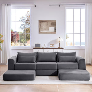 English Elm Upholstered Modular Floor Sectional Corduroy Sofa with Five Pillows for Living Rooms Grey W3975S00090